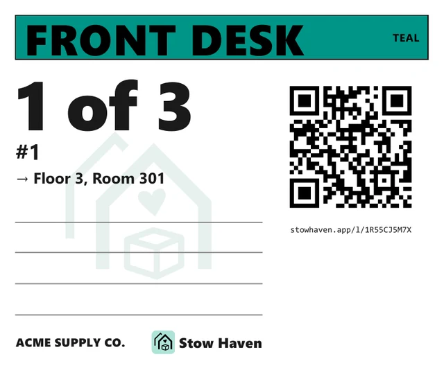 A business label: a teal FRONT DESK band, "1 of 3", the room it goes to, a company name and a QR code