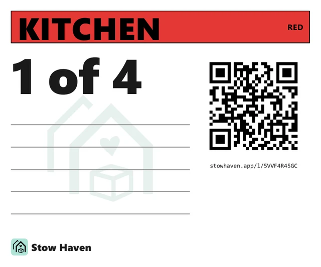 A moving box label: a red KITCHEN band, "1 of 4", writing lines and a QR code