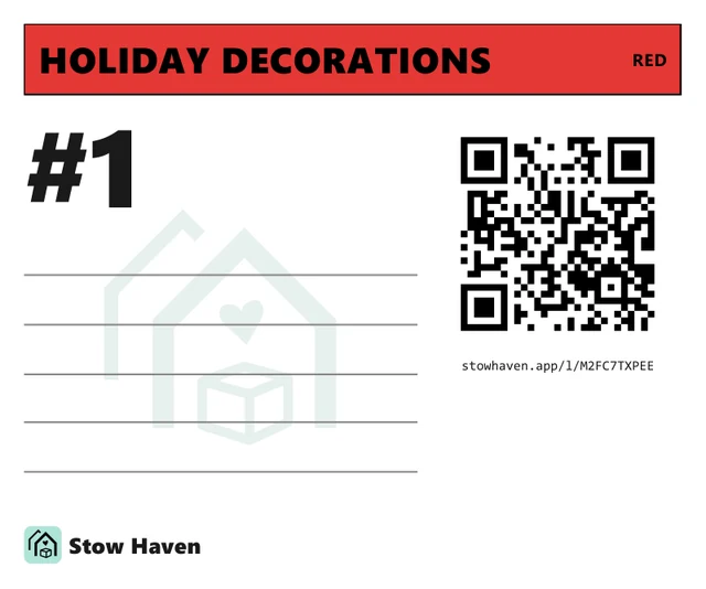 A storage box label: a red HOLIDAY DECORATIONS band, box #1, writing lines and a QR code