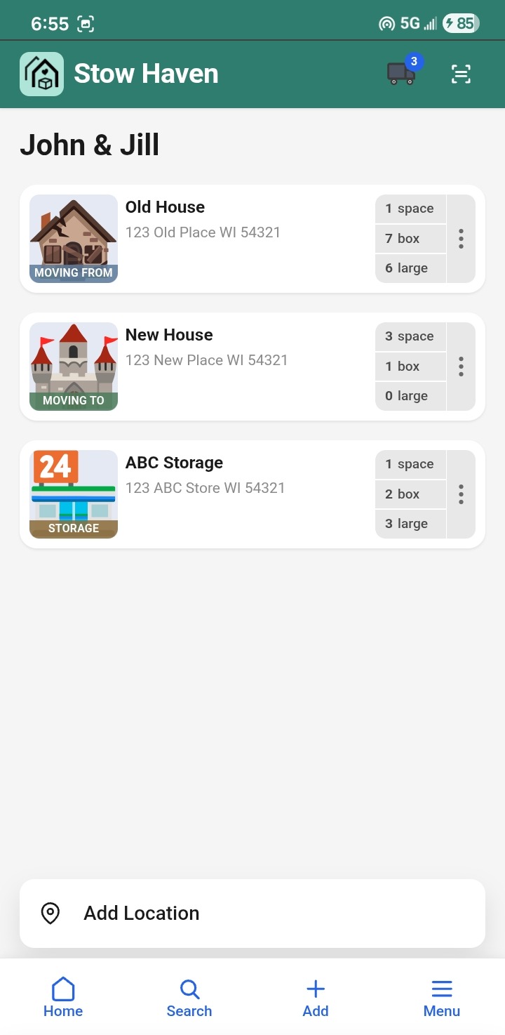 Stow Haven home screen showing Moving From, Moving To, and Storage locations